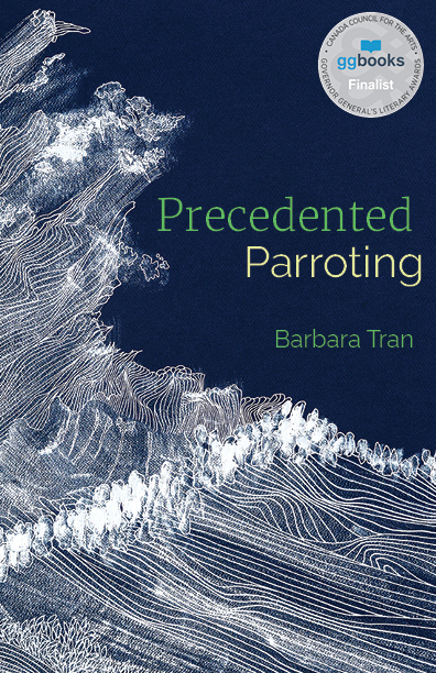 Precedented Parroting book cover in dark blue with white wave image by Yen Ha